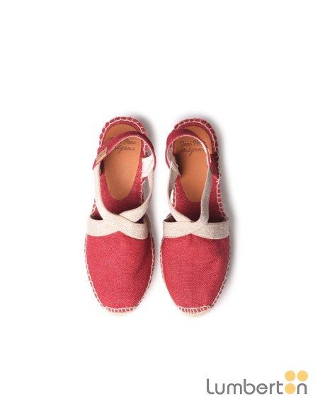 Sandalia tela roja cuña alta esparto TODAR