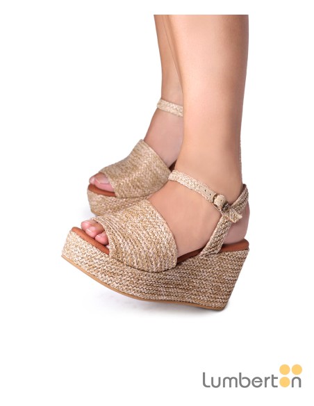 Sandalia beig cáñamo hebilla cuña alta TULIAB