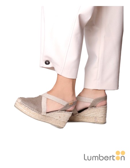 Sandalia tela camel cuña alta esparto TODAC