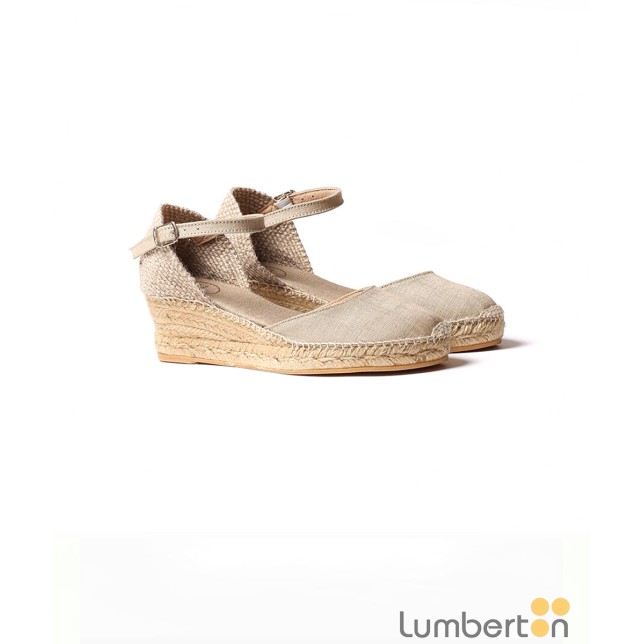 Sandalia beig tela cuña alta esparto...